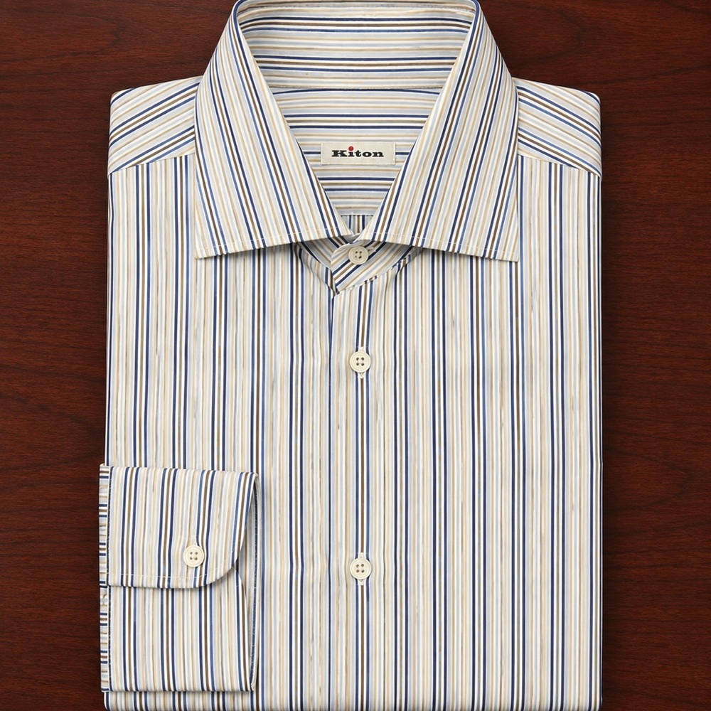 Kiton Blue, White and Beige Striped Shirt